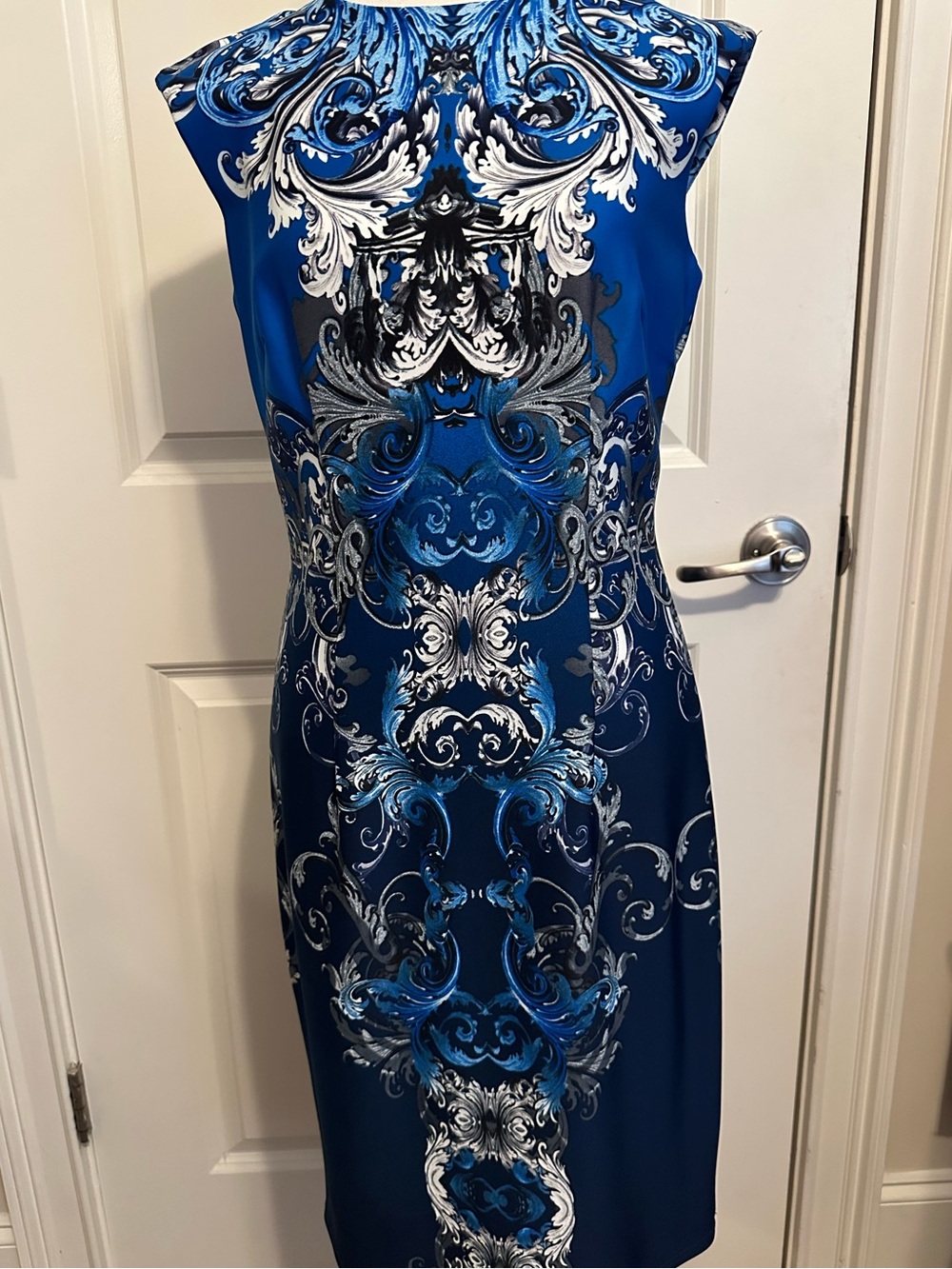dressbarn Blue and White Baroque-Print Midi Sheath Dress
